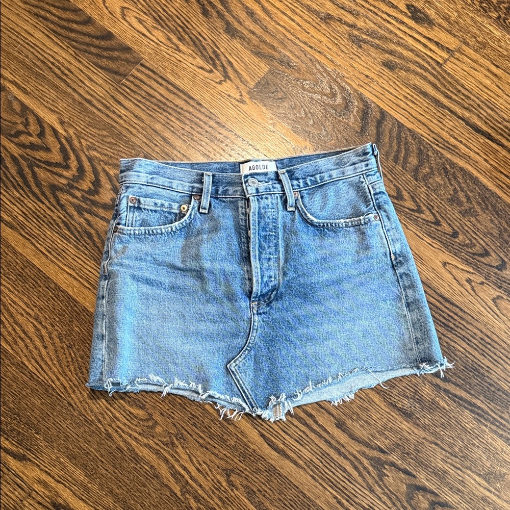 Agolde Blue Frayed Hem Denim Skirt
